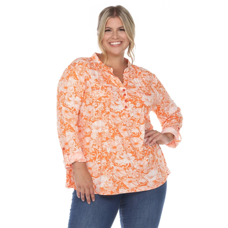 Women's Plus SIze Pleated Long Sleeve Floral Print Blouse