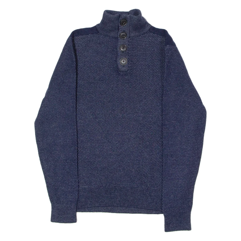 TOMMY HILFIGER Mens Jumper Blue Button Neck Tight Knit Wool S