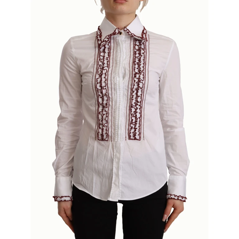 Dolce & Gabbana White Cotton Lace Long Sleeves Ruffle Collar Top Shirt Elastane - Women