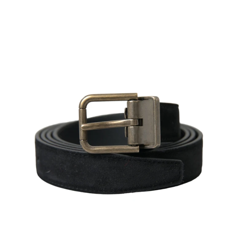 Black Suede Leather Gold Metal Buckle Belt Calf (suede) - Men