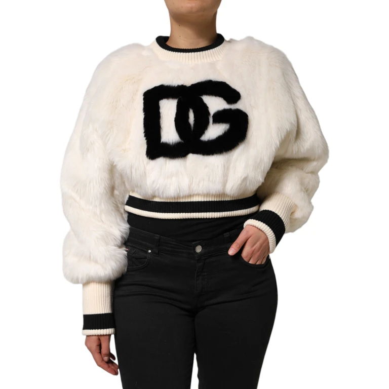 White Cropped Faux Fur Dg Sweatshirt Sweater Black And Acrylic Polyester Clothing - Women
