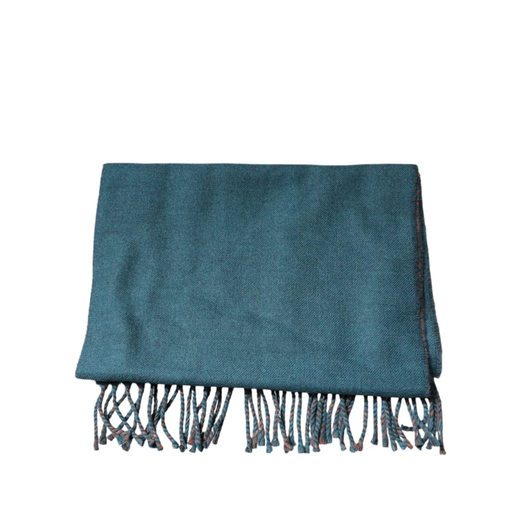 Dolce & Gabbana Blue Green Wool Fringes Wrap Shawl Scarf Dark Virgin Cashmere - Men