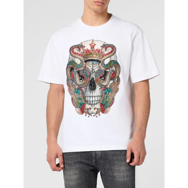 Cotton Jersey T-shirt with Embroidered Skull and Beads (SAFCMTK8845PJY002N01)
