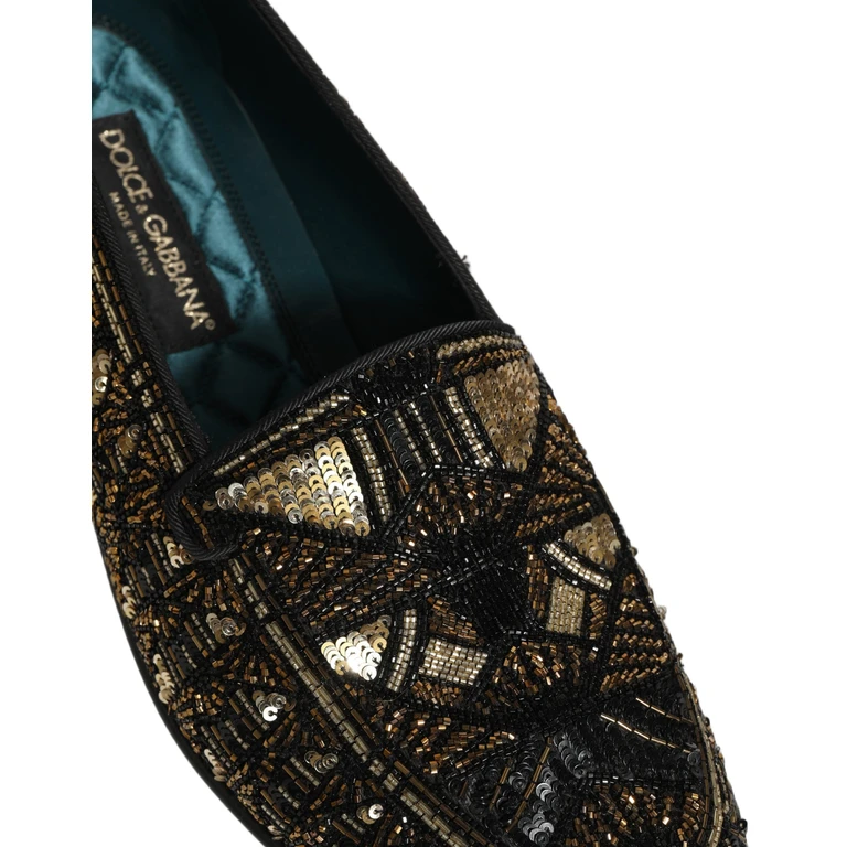 Dolce & Gabbana Black Gold Embellished Slip On Loafers Shoes Leather - Men
