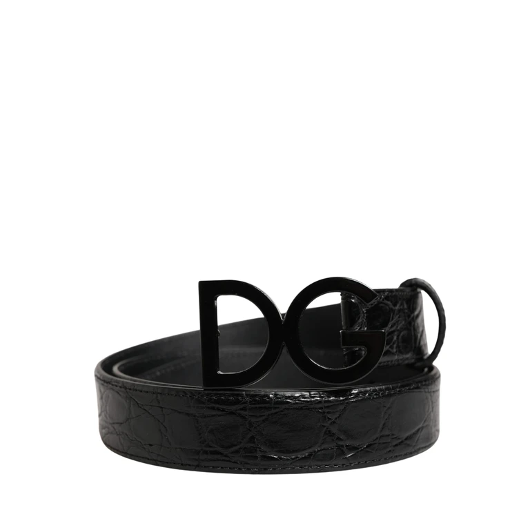 Dolce & Gabbana Men Black Exotic Leather Logo Buckle Belt Caiman - Men