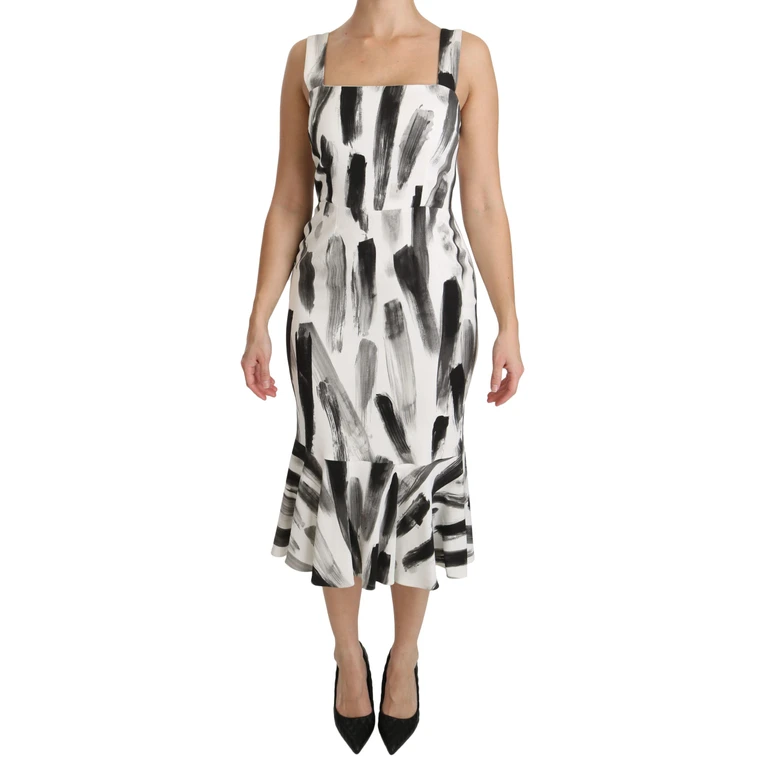 Dolce & Gabbana White Black Printed Sheath Midi Viscose Dress Elastane - Women