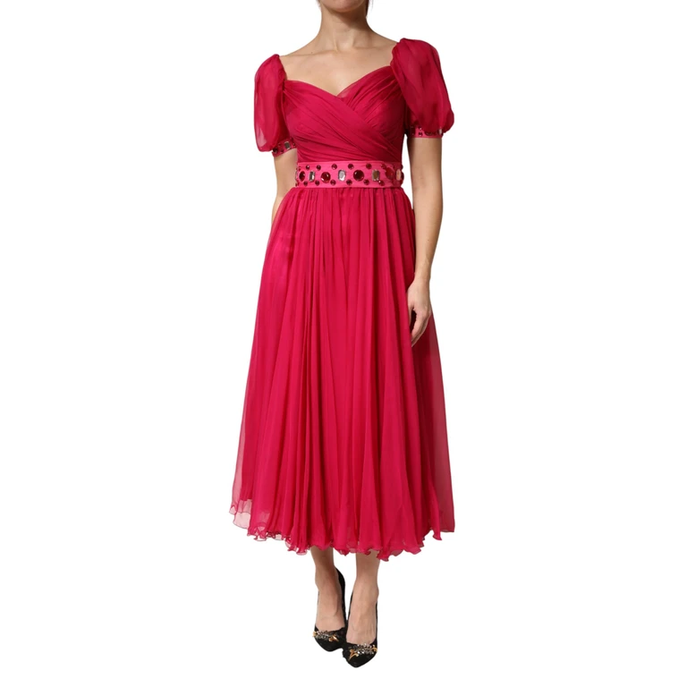 Dolce & Gabbana Pink Silk Embellished A-Line Midi Dress - Women