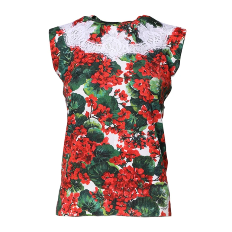 Multicolor Floral Lace Sleeveless Tank Top Virgin Wool Cotton Nylon - Women