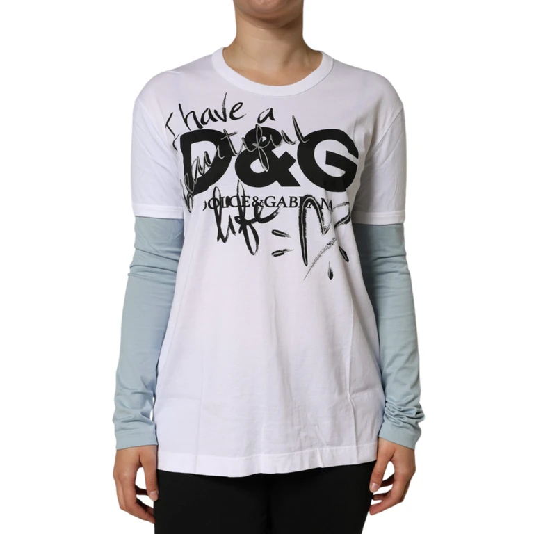 Dolce & Gabbana White Cotton Logo Print Round Neck T-Shirt - Women