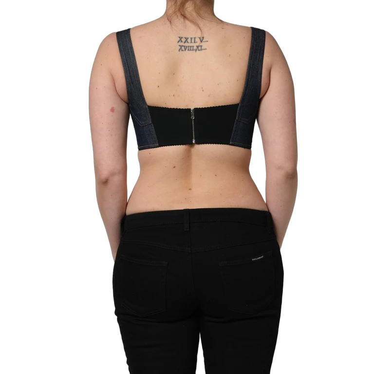 Black Denim Corset Bralette Cotton Cropped Top Elastane Nylon - Women