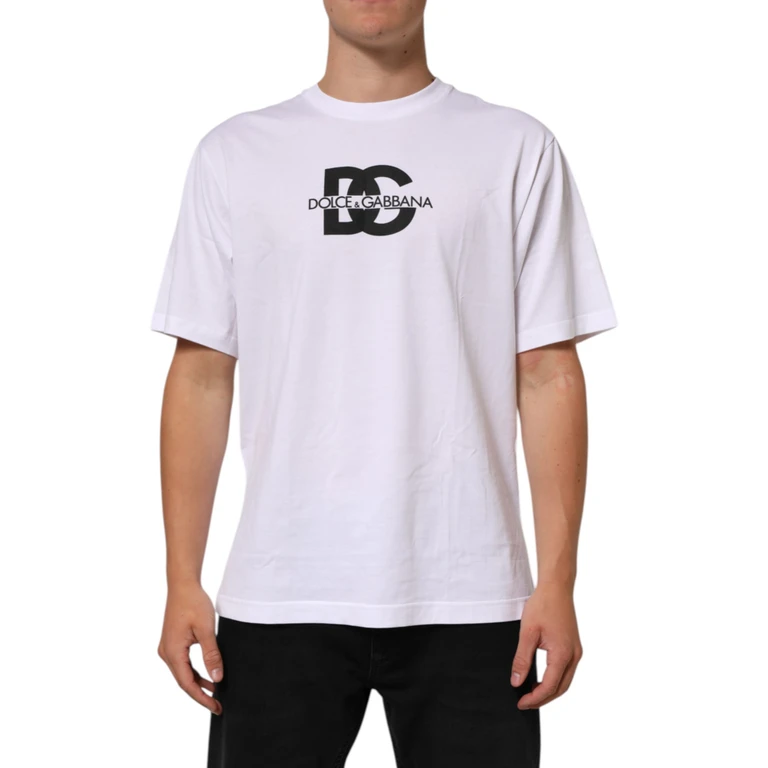 Dolce & Gabbana White Logo Print Cotton Crew Neck Men T-Shirt - Men