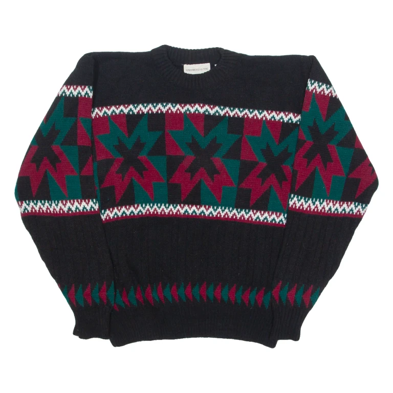 HARDWOOD & PINE Mens Patterned Jumper Black Geometric Chunky Knit L