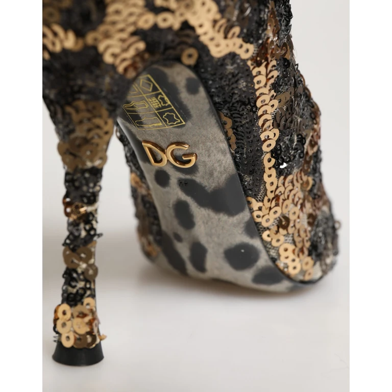 Dolce & Gabbana Gold Leopard Sequin Sock Ankle Boots Shoes Elastane Nylon Polyester - Women