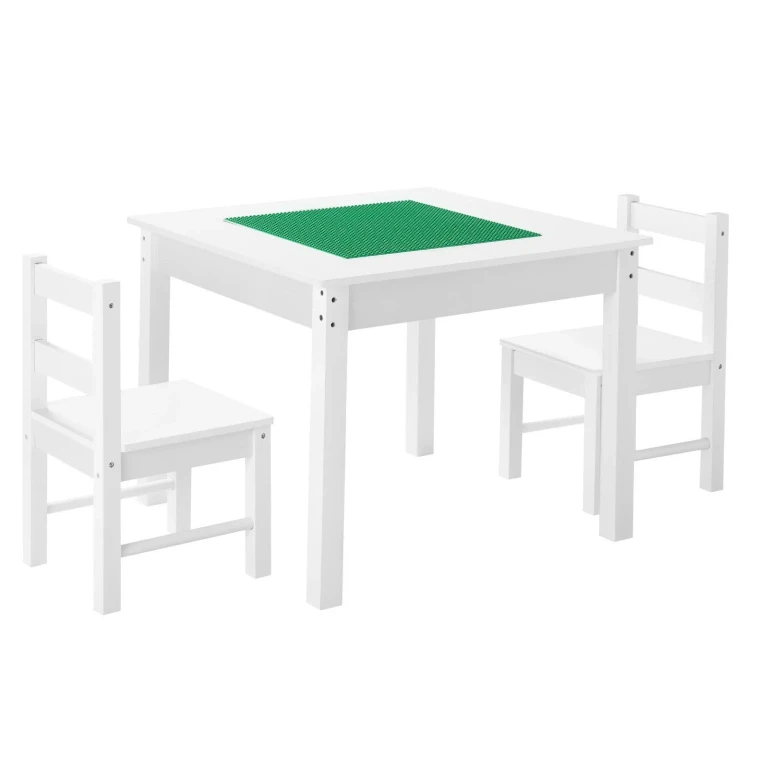 Kids Activity Table and 2 Chairs Set, Building Blocks Double-Sided Tabletop, Toddler Table and Chair Set with Storage for Kids 3+ Years, Large Storage Space, Present for Boys & Girls, White - Multicolor