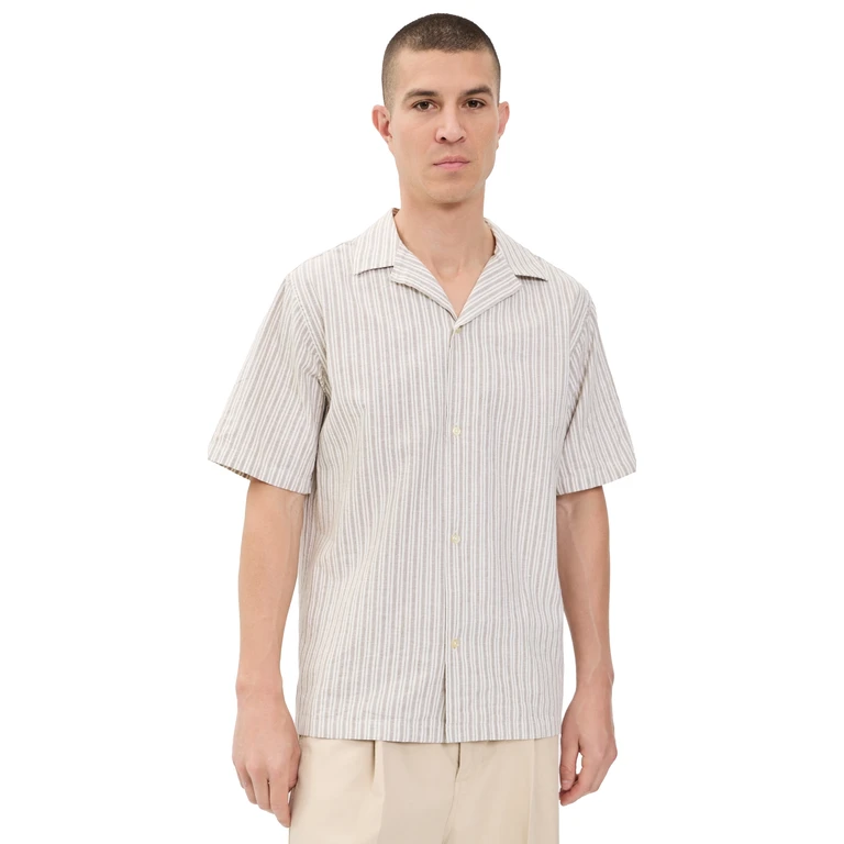 Les Deux Stripe Cotton Linen Shirt Dark Sand S