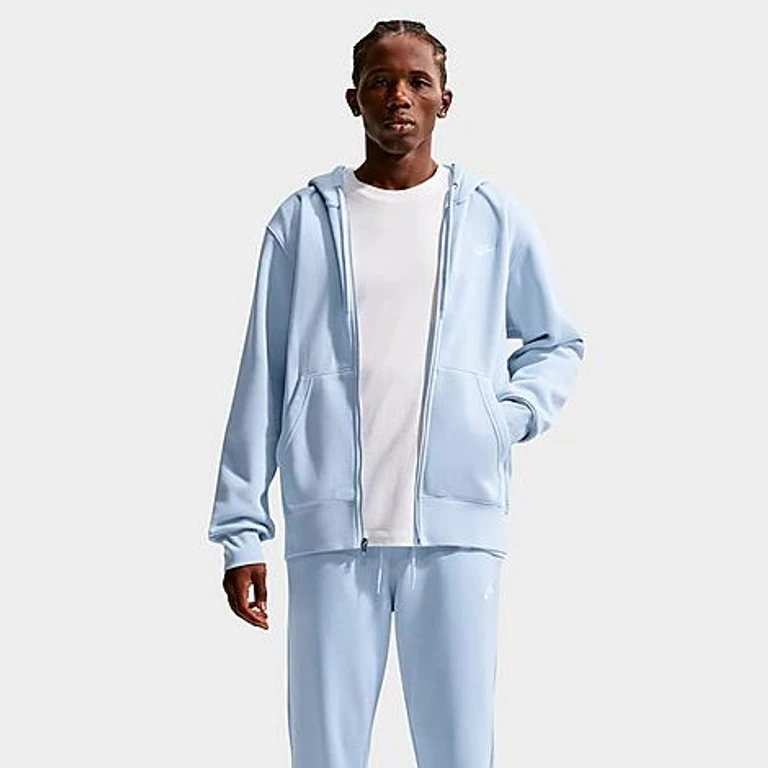 Nike Men's Club Fleece Embroidered Premium Full-Zip Hoodie in Hydrogen Blue/Hydrogen Blue/White Size: XS