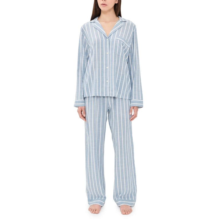 Eberjey Nautico Long Pajama Set Classic Stripe Slate Blue/Ivory S