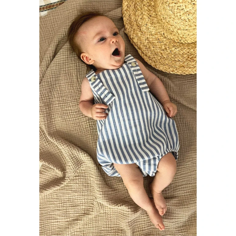 Organic Baby Romper - Blue White Stripes - 2-6m (62-68cm)