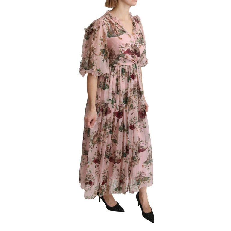 Dolce & Gabbana Pink Bengal Cat Print A-Line Maxi Silk Dress - Women