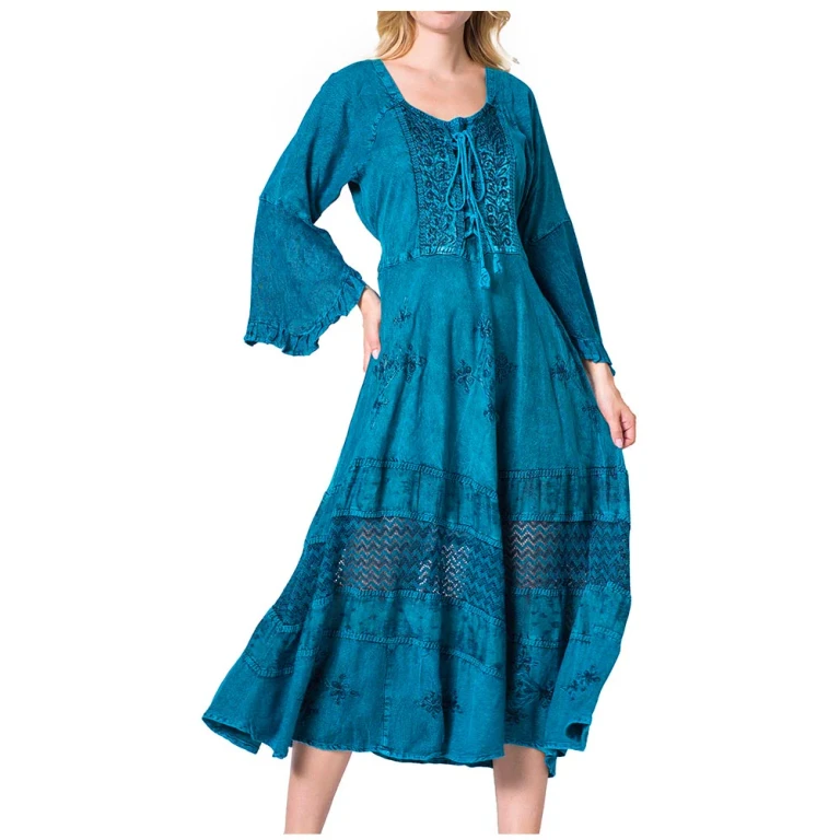 Sakkas Mirabel Stonewashed Corset Style Floral Emboridery Kimono Sleeve Dress