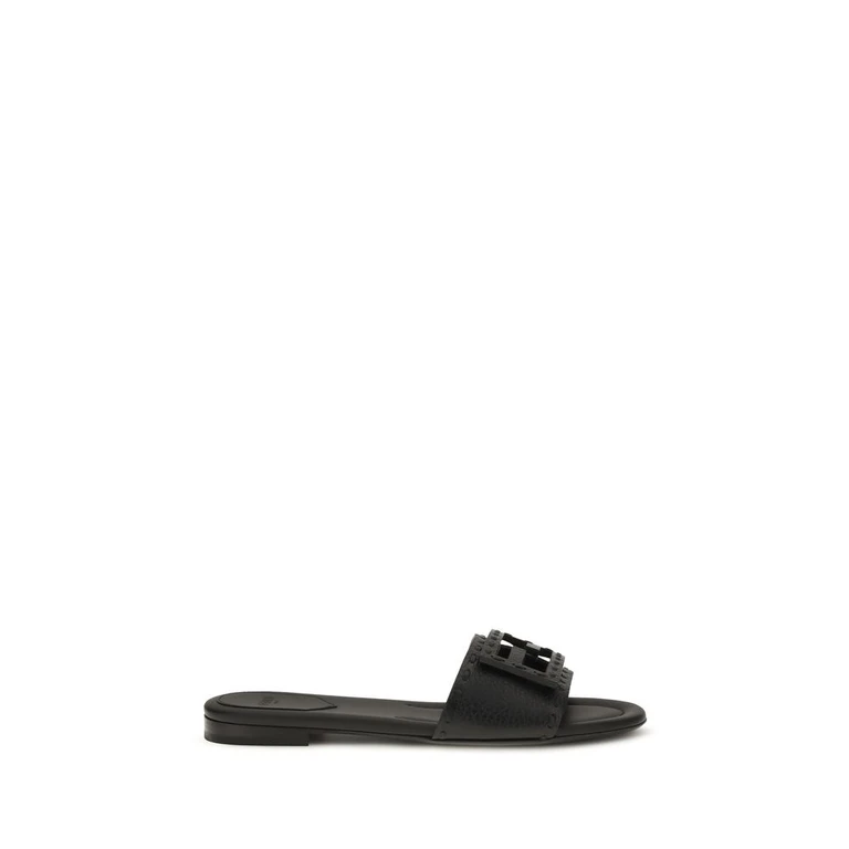 Black Calf Leather Bos Taurus Flat Sandals - Women