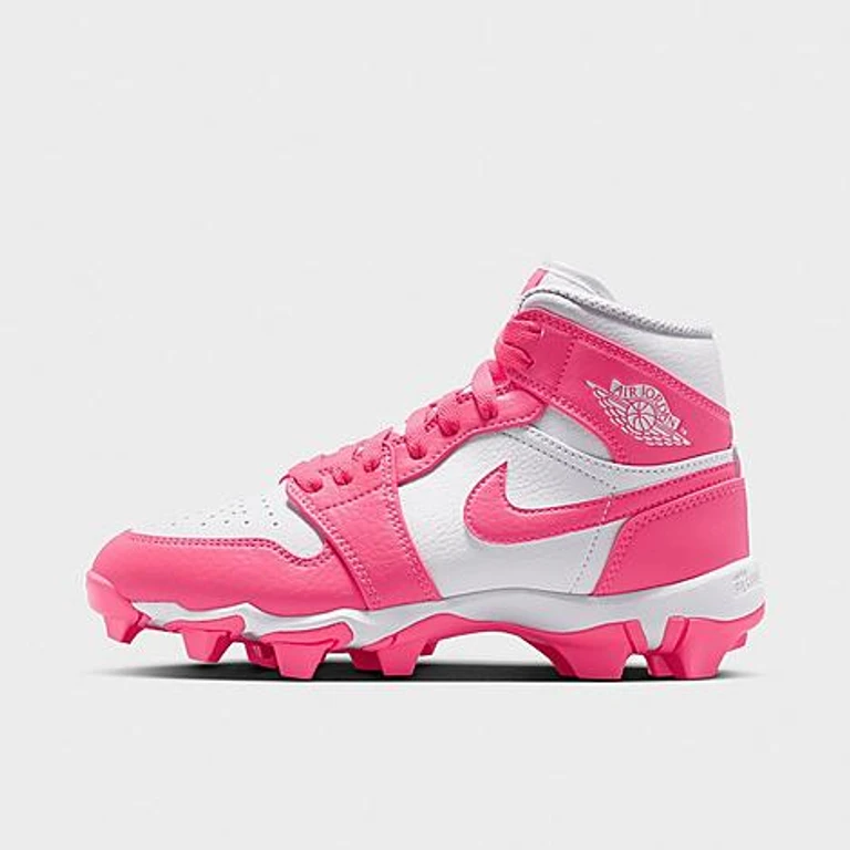 Big Kids Air Retro 1 Mid Cleats in White/Digital Pink Size: 1.0