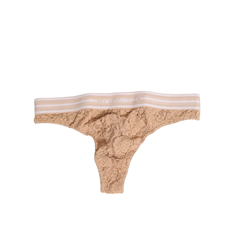 Beige Lace Logo Elastic Waist Thong Tanga Underwear Polyamide Clothing - Women