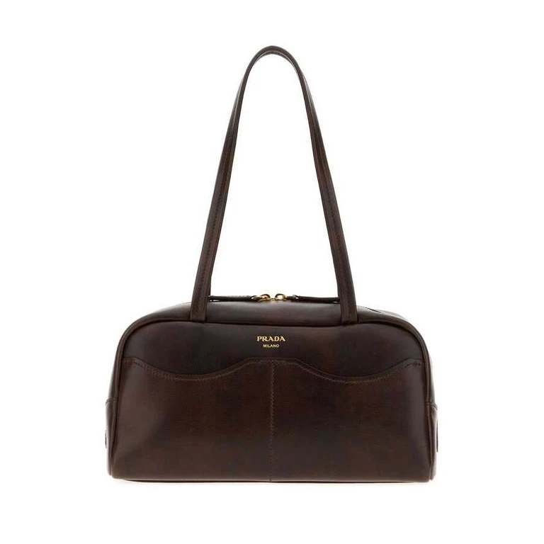 Dark Brown Leather Large Prada Carry Shoulder Bag Cacao Borse A Mano
