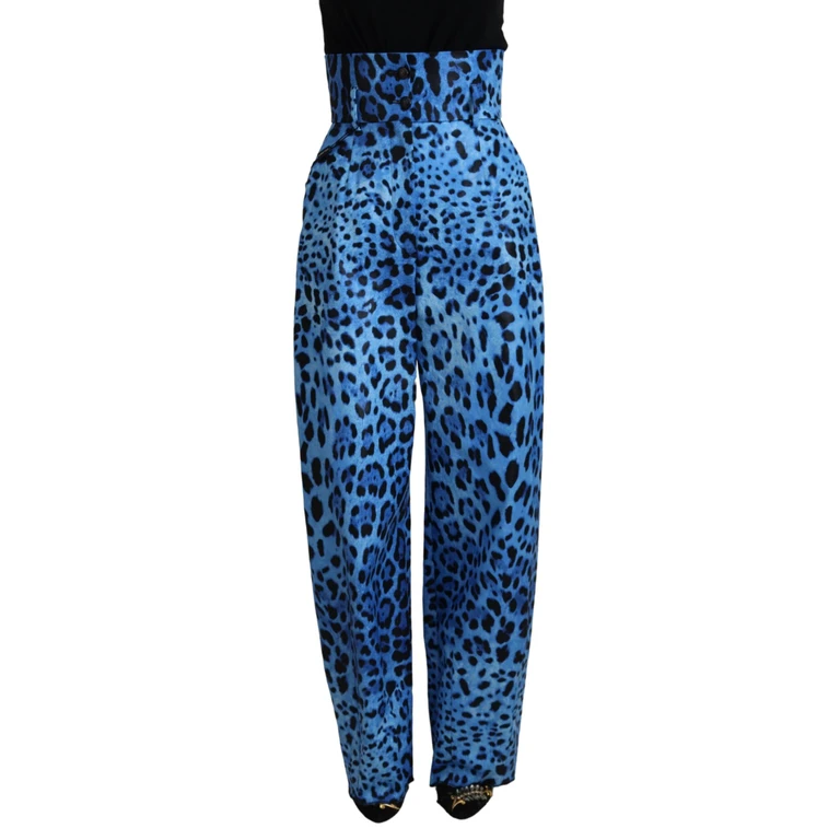 Dolce & Gabbana Blue Leopard Print High Waist Pants Cotton Elastane - Women