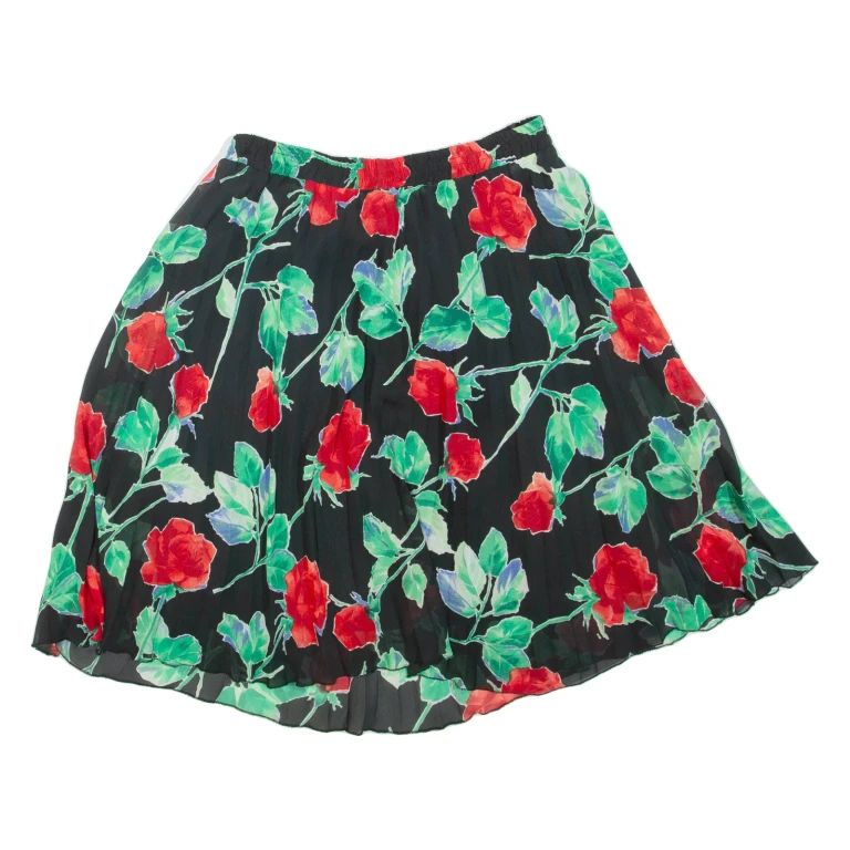 Womens Pleated Skirt Black Short Floral M