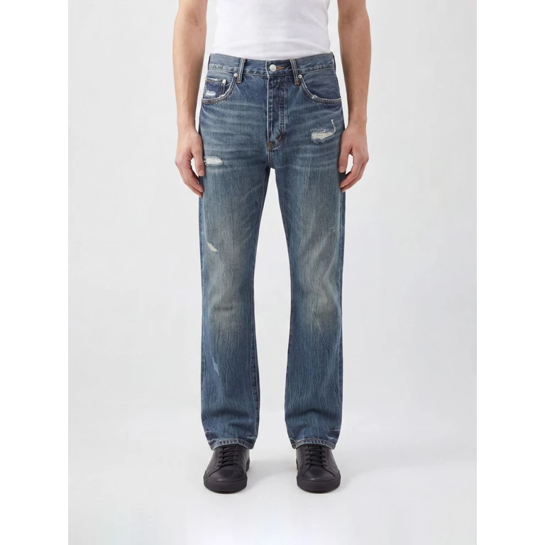 Mid-Rise Slim Fit Skinny Jeans in Distressed Cotton Denim (P011STKI526DKINDIGO)