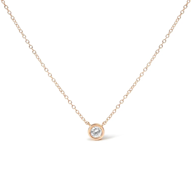 10K Rose Gold 3/10 Carat Round Brilliant-Cut Diamond Modern Bezel-Set Solitaire 16"-18" Pendant Necklace (H-I Color, SI2-I1 Clarity)