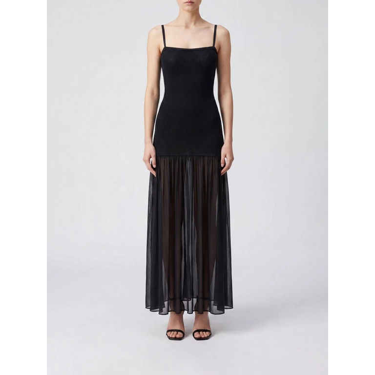 HUNZA G Nancy Pleated Jersey Long Dress with a Square Neckline (NANCYHYBRIDDRESSBLACK)