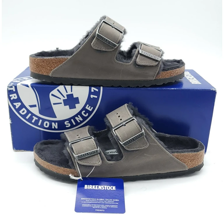 Arizona Black Shearling Waxy Leather Sandals Regular