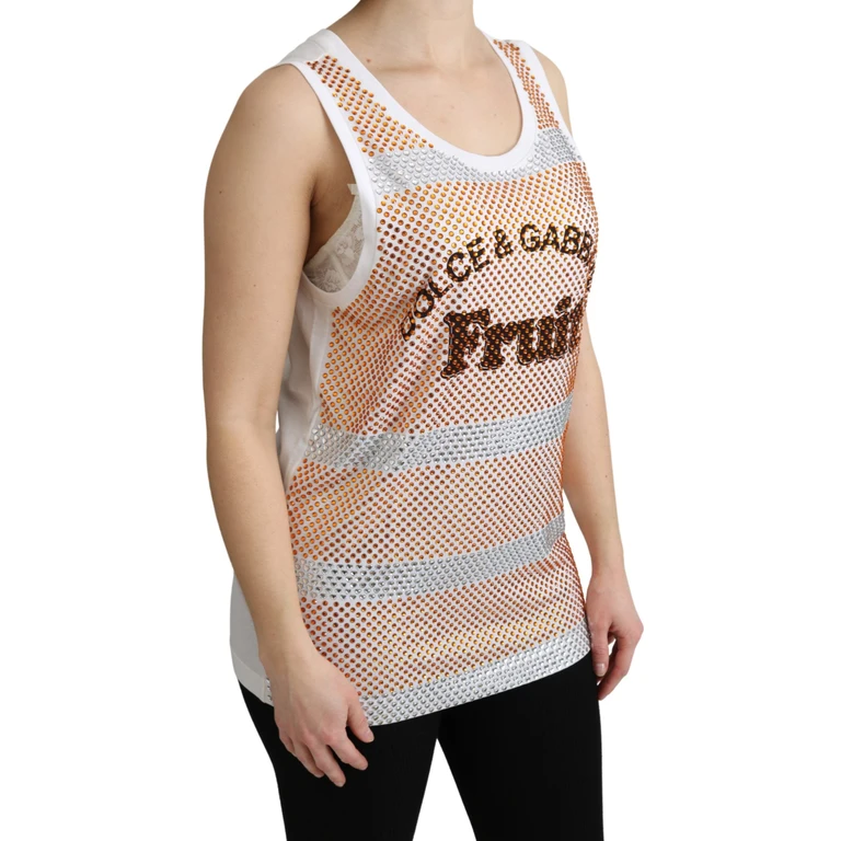 Dolce & Gabbana White Orange Crystal Sleeveless Tank Cotton Top - Women