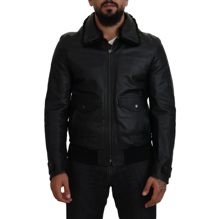 Black Lamb Leather Collared Men Coat Jacket Clothing - Men
