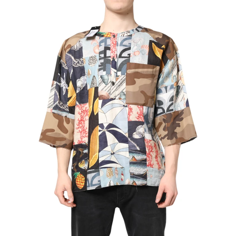 Dolce & Gabbana Multicolor Patchwork Short Sleeves Shirt Flax Cotton Silk - Men