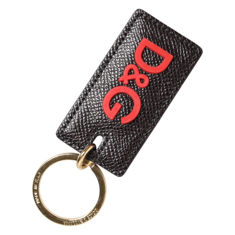 Dolce & Gabbana Black Calf Leather Logo Metal Ring Men Keychain Keyring - Men