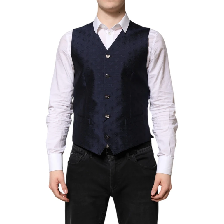 Dolce & Gabbana Dark Blue Logo Wool Formal Men Waistcoat Vest Virgin Elastane Clothing - Men
