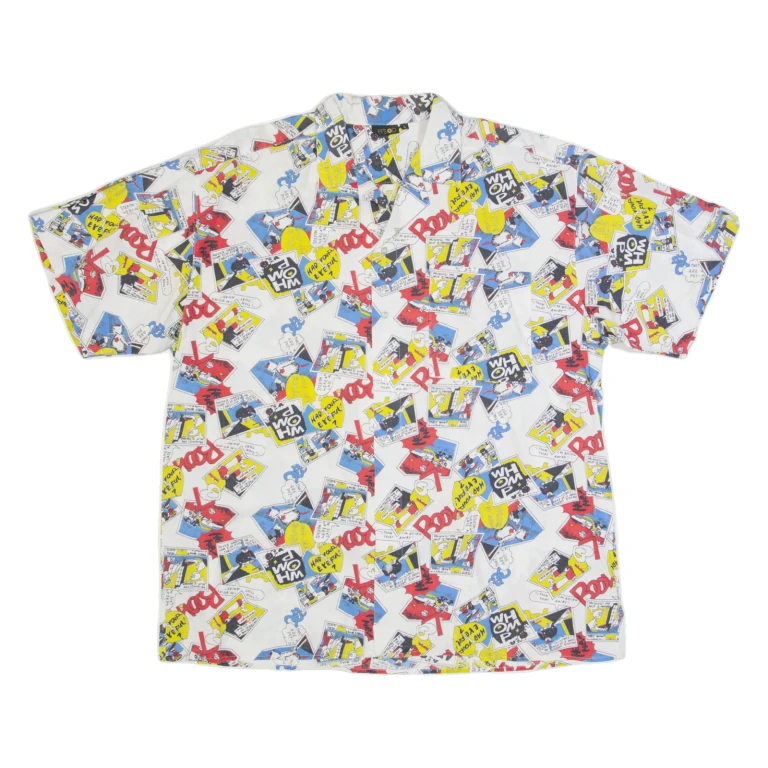 LETS GO Comic Mens Shirt White Crazy Pattern L