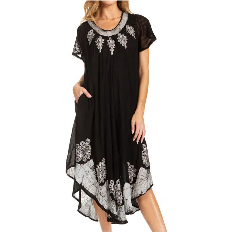 Sakkas Batik Hindi Cap Sleeve Caftan Dress / Cover Up