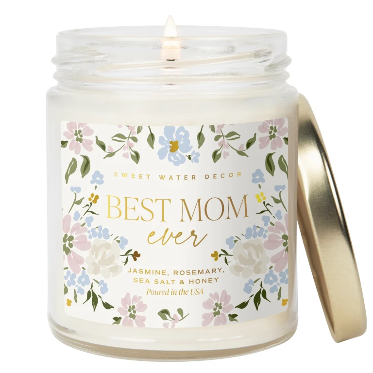 Best Mom Ever Soy Patterned Candle - Clear Jar - 9 oz (Wildflowers and Salt)