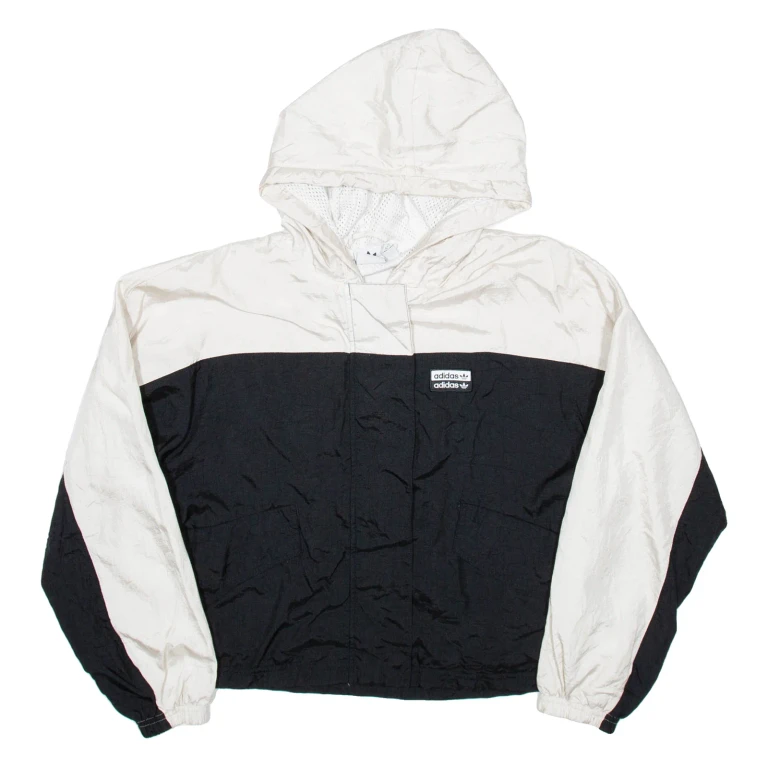 ADIDAS Cropped Womens Track Jacket White Nylon Hooded Colourblock UK 10