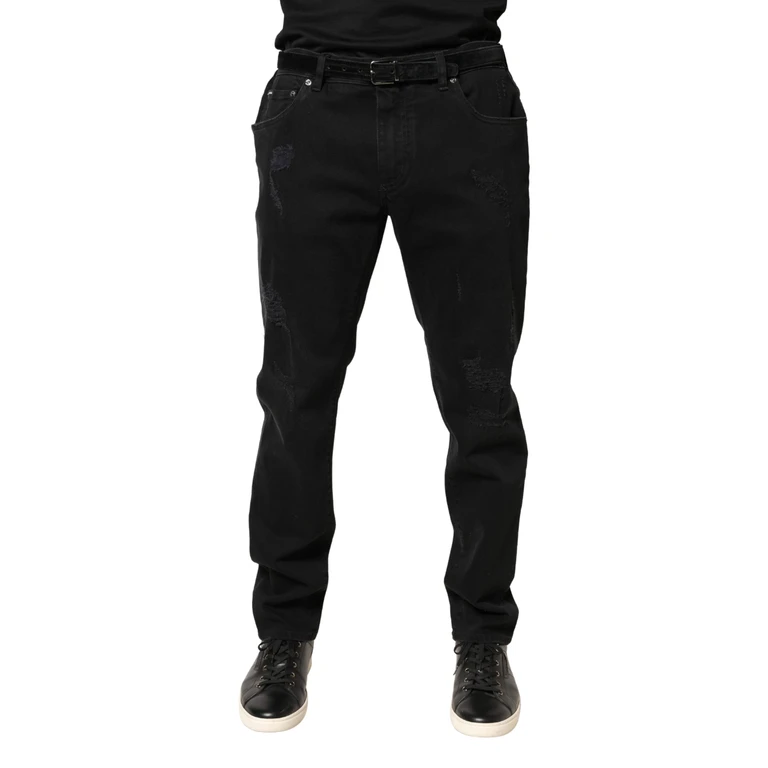 Black Tattered Skinny Cotton Denim Jeans Blue Elastane Clothing - Men