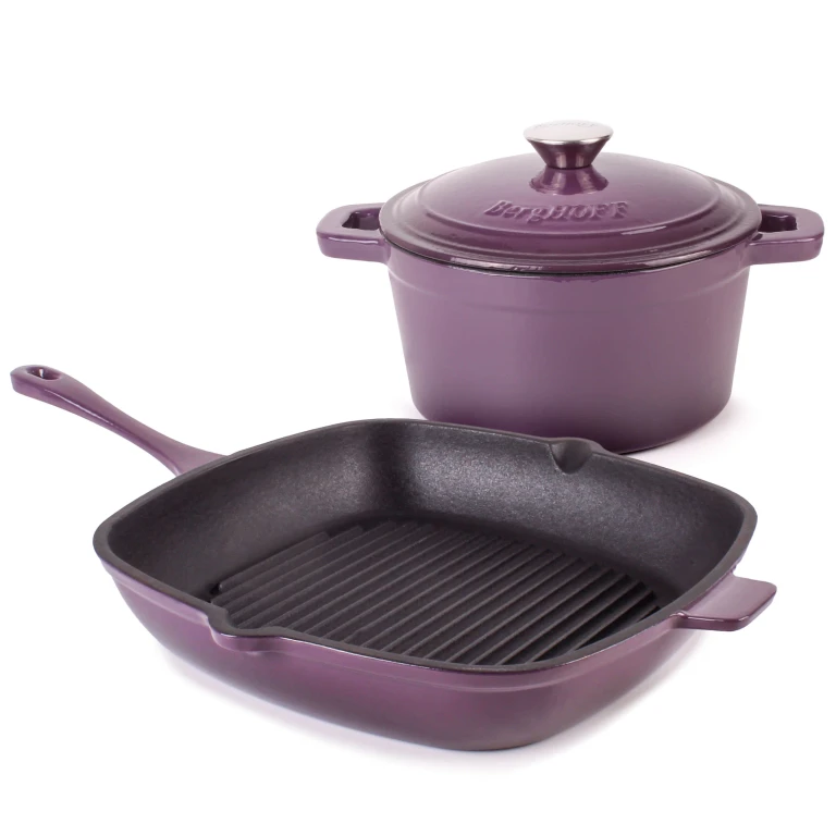 Neo 3pc Cast Iron Cookware Set, Grill Pan & Round Dutch Oven, Purple
