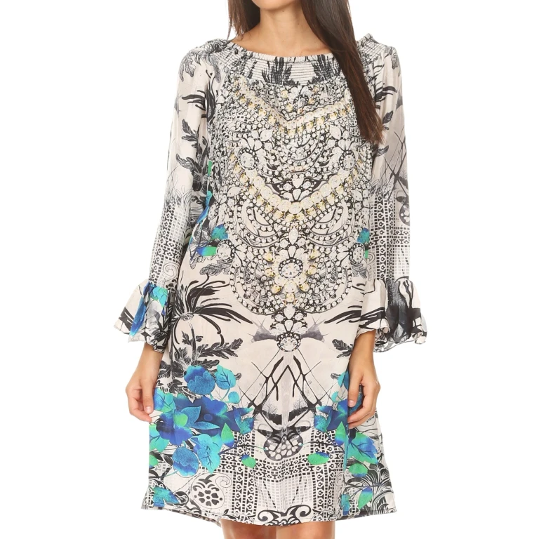 Sakkas Riza Women's Off Shoulder Long Sleeve Tunic Shirt Short Dress with Print