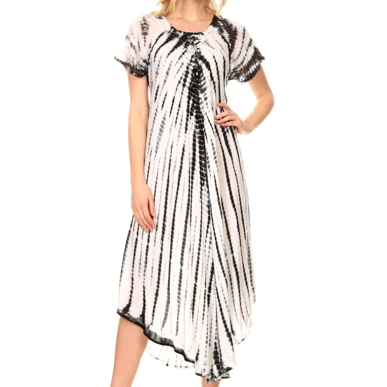 Sakkas Yasmin Tie Dye Embroidered Sheer Cap Sleeve Sundress Cover Up