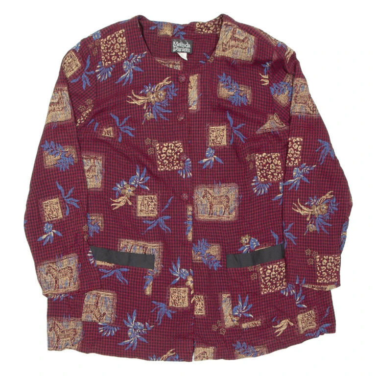 Womens Printed Blouse Maroon Long Sleeve Crazy Pattern UK 16