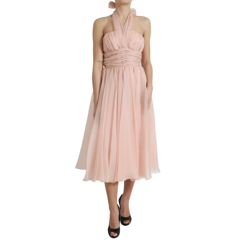 Dolce & Gabbana Pink Silk Chiffon Halter A-Line Pleated Midi Dress - Women