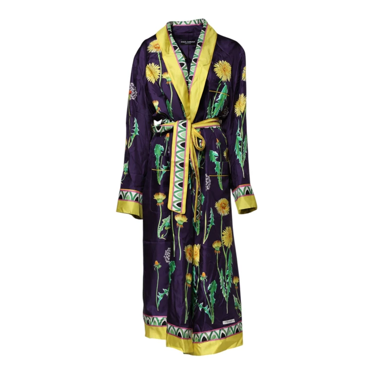 Blue Floral Print Silk Long Sleeves Wrap Robe Clothing - Women